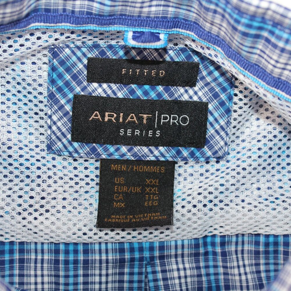 Ariat Pro Series 2XL Fitted Long Sleeve Blue Checkered Cowboy Western Shirt - Picture 9 of 12